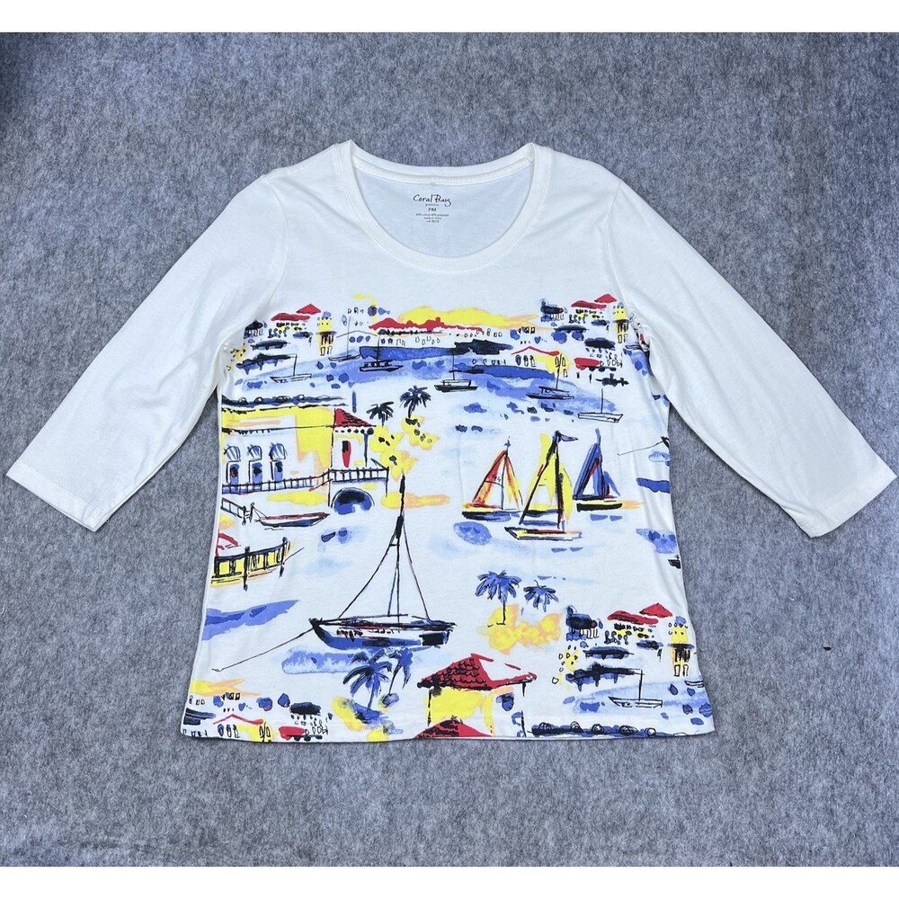 Coral Bay Women’s Top 3/4 Sleeve Shirt White Sail Boats Nautical Size M Petite